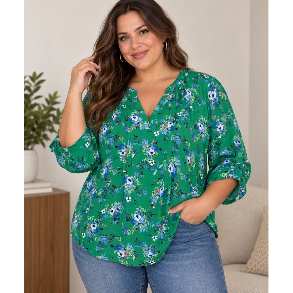 Joan Rivers Floral Blouse Womens 1X Green Butterfly Lady Bug  Cottagecore Office